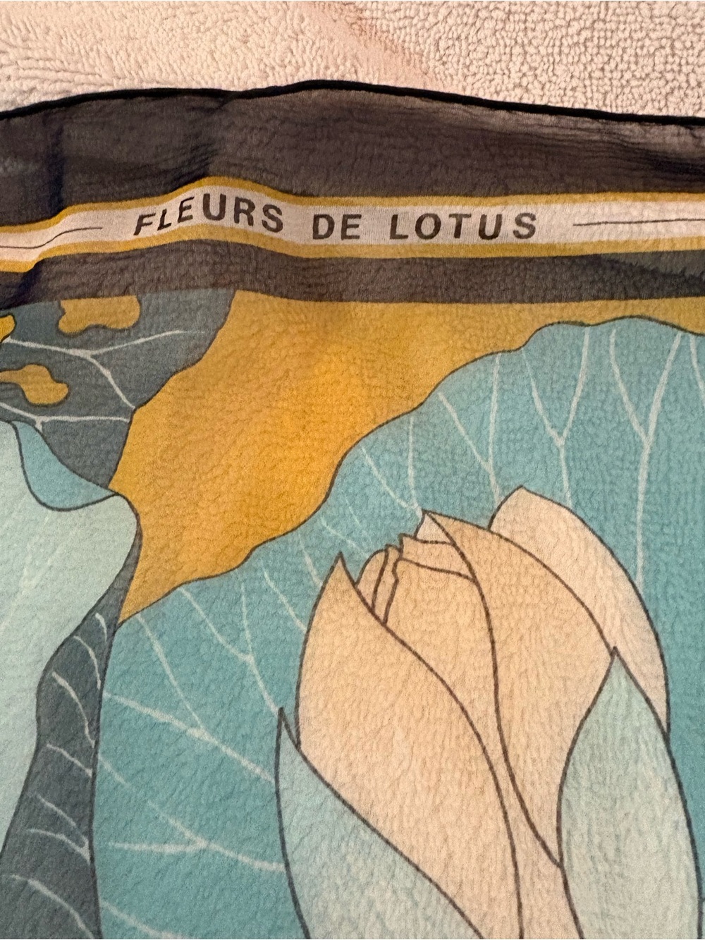 HermèsFleurs de Lotus Silk Scarf in Aqua, Mustard & Dark Blue - Picture 4 of 11